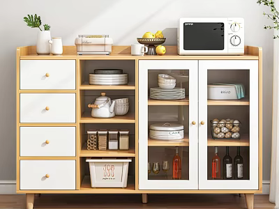 Modern Light Wood Sideboard with White Drawers Glass Doors Microwave Fruits and Dishes 3d model