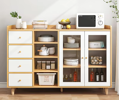 Modern Light Wood Sideboard with White Drawers Glass Doors Microwave Fruits and Dishes 3d model