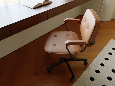 Pink Leather Office Chair With Armrests Wheels And Button Tufted Design On Wooden Floor 3d model