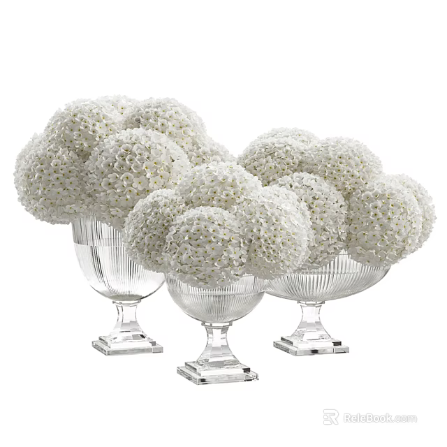 Elegant Decorative Ornament Set With White Spherical Balls In Clear Glass Vases 3d model 