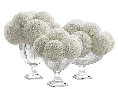 Elegant Decorative Ornament Set With White Spherical Balls In Clear Glass Vases 3d model