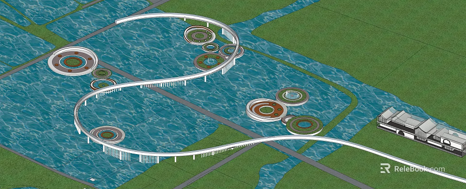 Waterfront Landscape Design With Curved Walkways Circular Green Platforms And Water Areas 3d model 