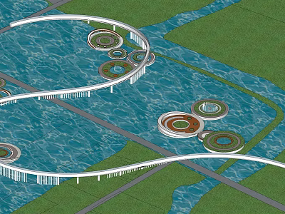 Waterfront Landscape Design With Curved Walkways Circular Green Platforms And Water Areas 3d model
