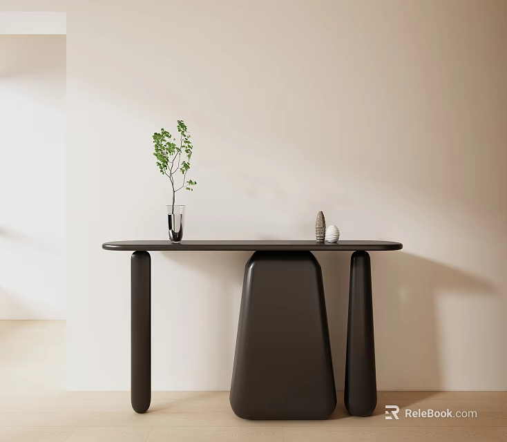 Modern Black Console Table With Green Plant Vase And Decorative Object 3d model 