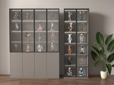 Gray Display Cabinet With Glass Doors Storing Collectible Figures Nearby Potted Plant 3d model