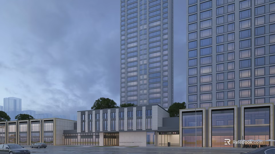 Commercial Street View With Modern Tall Buildings Low Rise Shops And Cloudy Sky 3d model 