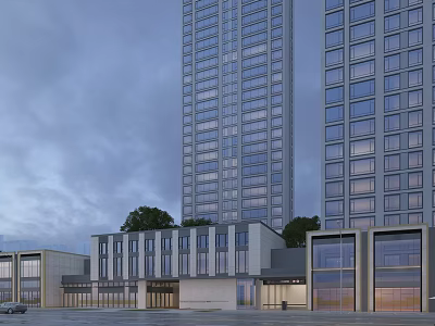 Commercial Street View With Modern Tall Buildings Low Rise Shops And Cloudy Sky 3d model