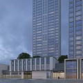 Commercial Street View With Modern Tall Buildings Low Rise Shops And Cloudy Sky