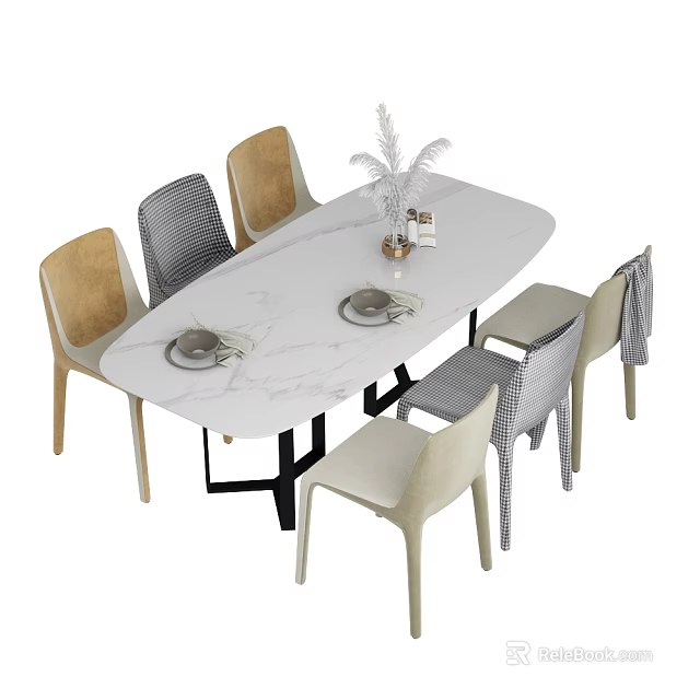 Modern Oval Marble Dining Table Set with Six Mixed Material Chairs and Decorative Plants 3d model
