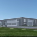 Modern Industrial Factory Building with Glass Facade Landscaped Greenery and Wide Roadway