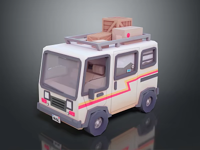Cute Cartoon Style Mini Van With Wooden Boxes On Roof And Striped Exterior Design 3d model