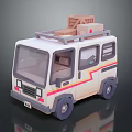 Cute Cartoon Style Mini Van With Wooden Boxes On Roof And Striped Exterior Design