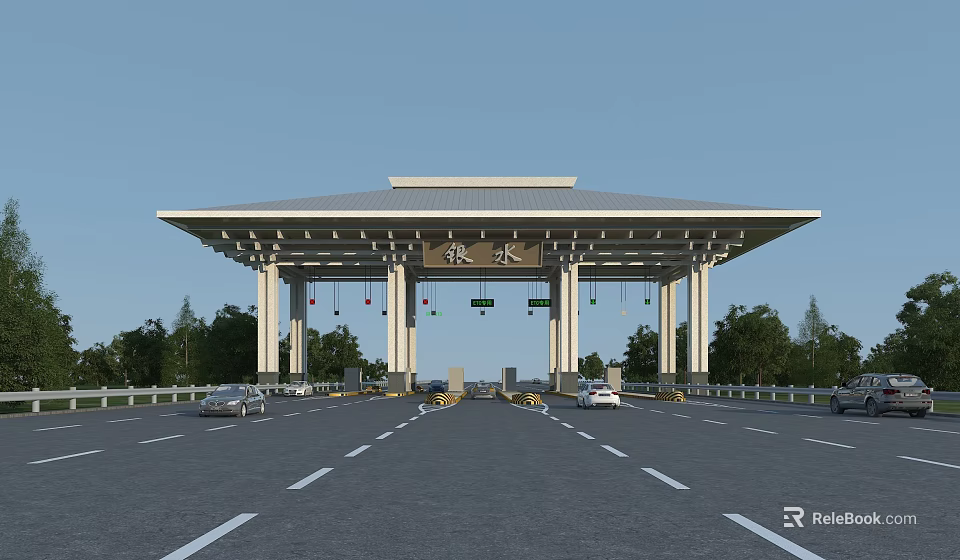 Yinshui Toll Station With Pavilion Roof And Vehicles On Road 3d model 