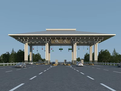 Yinshui Toll Station With Pavilion Roof And Vehicles On Road 3d model