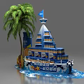 Ship Shaped Commercial Display Unit with Beer Bottles Palm Tree and Starfish Decorations