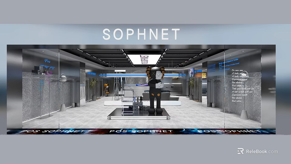 SOPHNET Clothing Store Interior With Glass Front Display Mannequins And Modern Lighting 3d model 