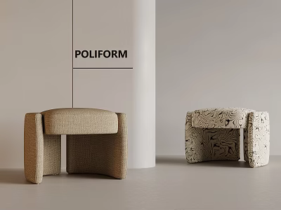 Stylish Upholstered Stools With Neutral And Patterned Fabric In Modern Interior 3d model