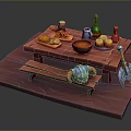 Red Wooden Dining Table With Bread Eggs Bowl Bottles And Matching Bench
