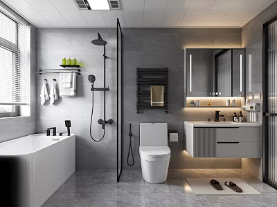 Modern Bathroom Interior With Bathtub Shower Toilet Vanity Mirror And Grey Tiles 3d model