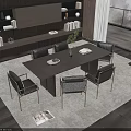 Modern Dark Wooden Dining Table Set With Black Leather Chairs Metal Legs And Decorative Plant Books