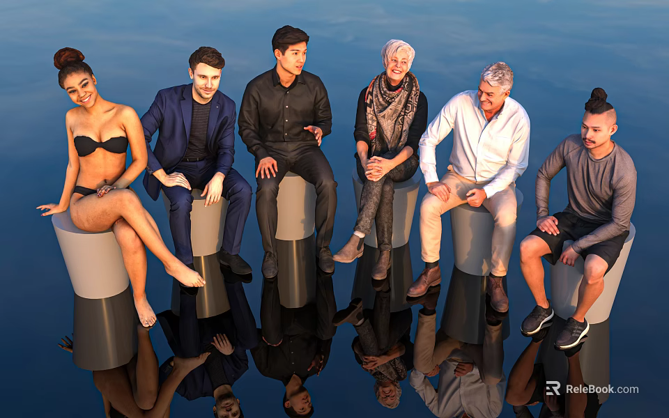 Group of People Sitting on Cylindrical Blocks with Reflections Against Open Sky Background 3d model 