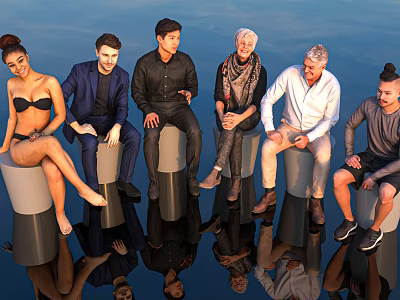 Group of People Sitting on Cylindrical Blocks with Reflections Against Open Sky Background 3d model