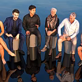 Group of People Sitting on Cylindrical Blocks with Reflections Against Open Sky Background