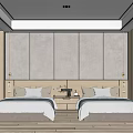 Hotel Room Interior With Twin Beds Wooden Flooring Bedside Lamps And Minimalist Design