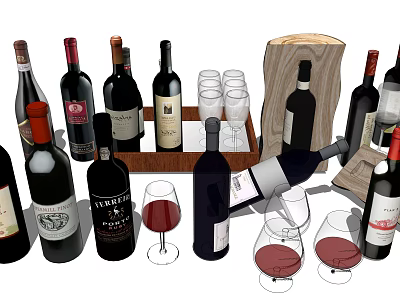 Different Labeled Red Wine Bottles And Wine Filled Glasses On Wooden Tray 3d model