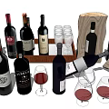 Different Labeled Red Wine Bottles And Wine Filled Glasses On Wooden Tray