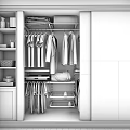 Modern Wardrobe Interior With Multi Colored Panels Hanging Clothes And Storage Shelves 3d model
