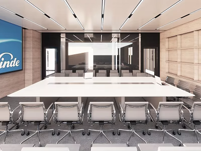 Modern Conference Room Interior Design With Large White Table Grey Rolling Chairs And Wall Screen 3d model