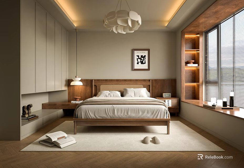 Modern Cozy Bedroom Interior With Wooden Bed White Bedding Chandelier Rug And Window Bookshelf 3d model 