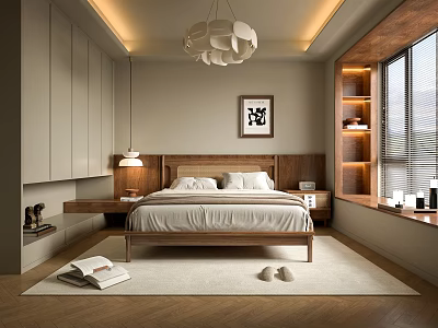 Modern Cozy Bedroom Interior With Wooden Bed White Bedding Chandelier Rug And Window Bookshelf 3d model
