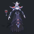Elven Woman in Dark Gown with Red Silver Accents holding Wine Glass