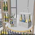 Commercial Retail Display Shelf with Beverage Bottles White Packaged Boxes Flower Bouquet and Promotion Signs