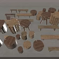 Wooden Stools In Various Shapes And Sizes With Natural Log Design Elements 3d model