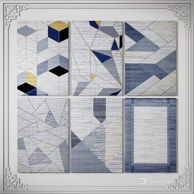 Modern Geometric Square Rugs With Abstract Patterns In Gray Blue Yellow Tones 3d model