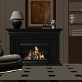 Elegant Black Fireplace In Cozy Living Room With Burning Fire Decorative Painting Chair And Bookshelf