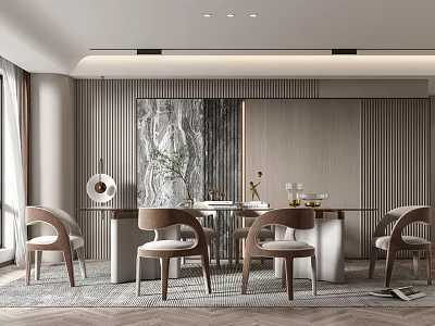 Modern Restaurant Interior With Dining Table Wooden Chairs Marble Decor And Striped Wall 3d model