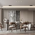 Modern Restaurant Interior With Dining Table Wooden Chairs Marble Decor And Striped Wall