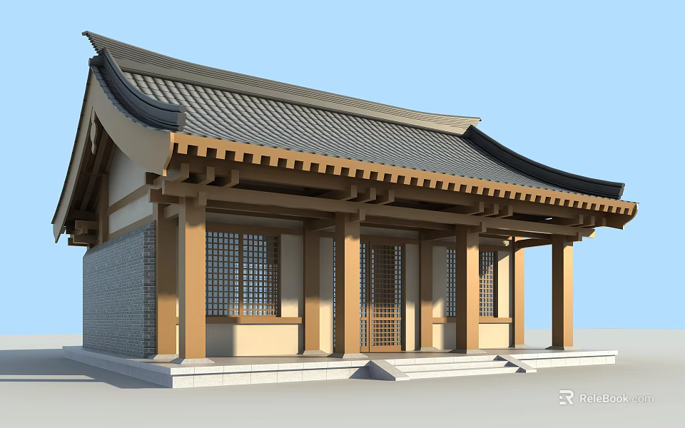Traditional Chinese Ancient Architecture With Overhanging Eaves Tiled Roof Wooden Columns and Latticed Windows 3d model 