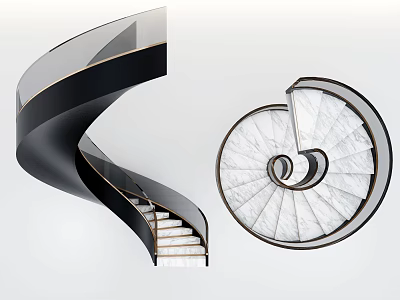Elegant Modern Spiral Staircase With White Marble Steps And Black Metal Railings 3d model