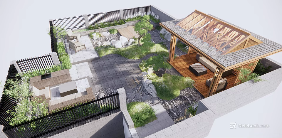Tranquil Roof Garden Design With Lush Greenery Wooden Pavilion And Stone Pathways 3d model 