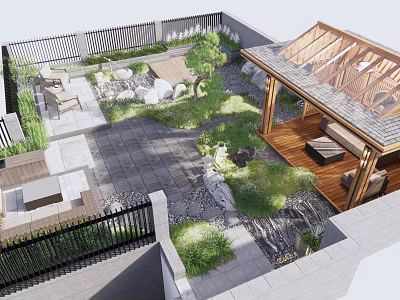 Tranquil Roof Garden Design With Lush Greenery Wooden Pavilion And Stone Pathways 3d model