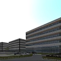 Modern Commercial Office Buildings Exterior With Landscaping Pedestrians And Cars