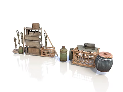 Rustic Vintage Collection With Wooden Shelves Wicker Baskets And Clay Pots 3d model