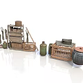 Rustic Vintage Collection With Wooden Shelves Wicker Baskets And Clay Pots