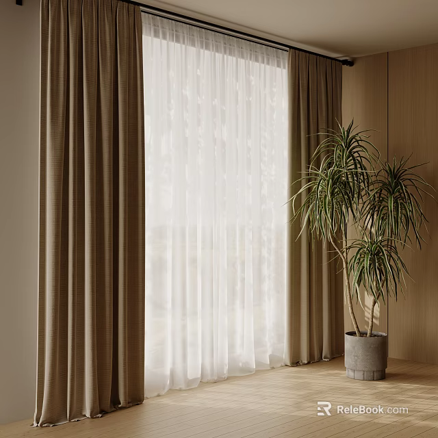 Brown Curtains With White Sheer Panels In Modern Interior With Green Plant And Wooden Wall 3d model 