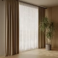 Brown Curtains With White Sheer Panels In Modern Interior With Green Plant And Wooden Wall